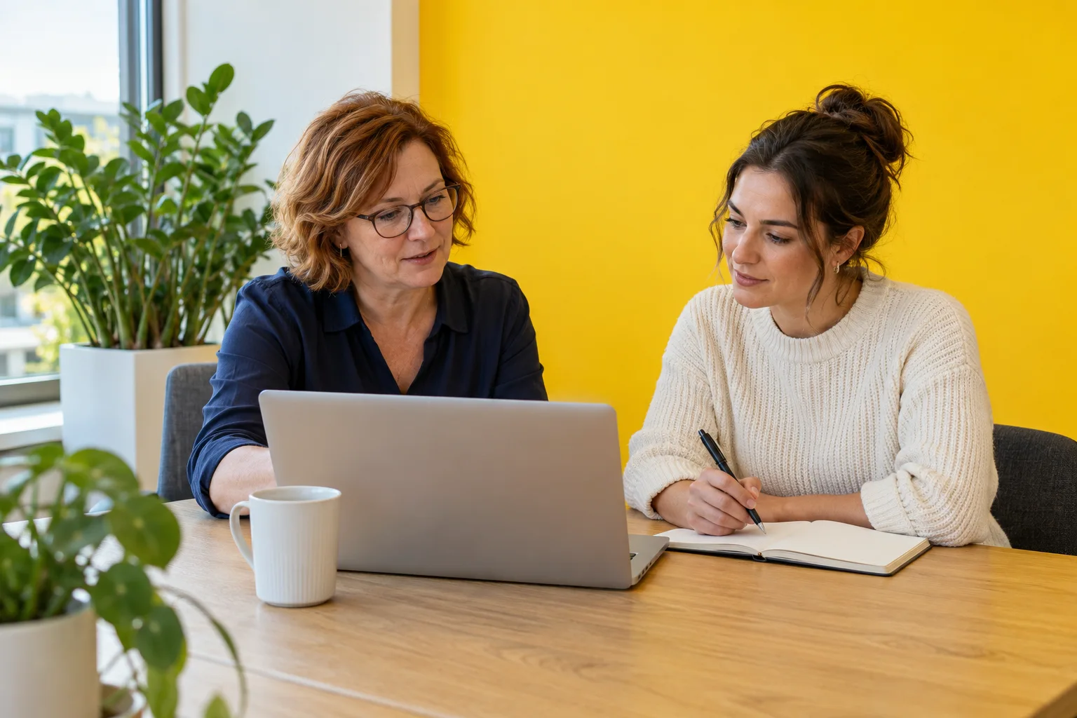 Twee collega’s nemen samen uitleg door bij een laptop