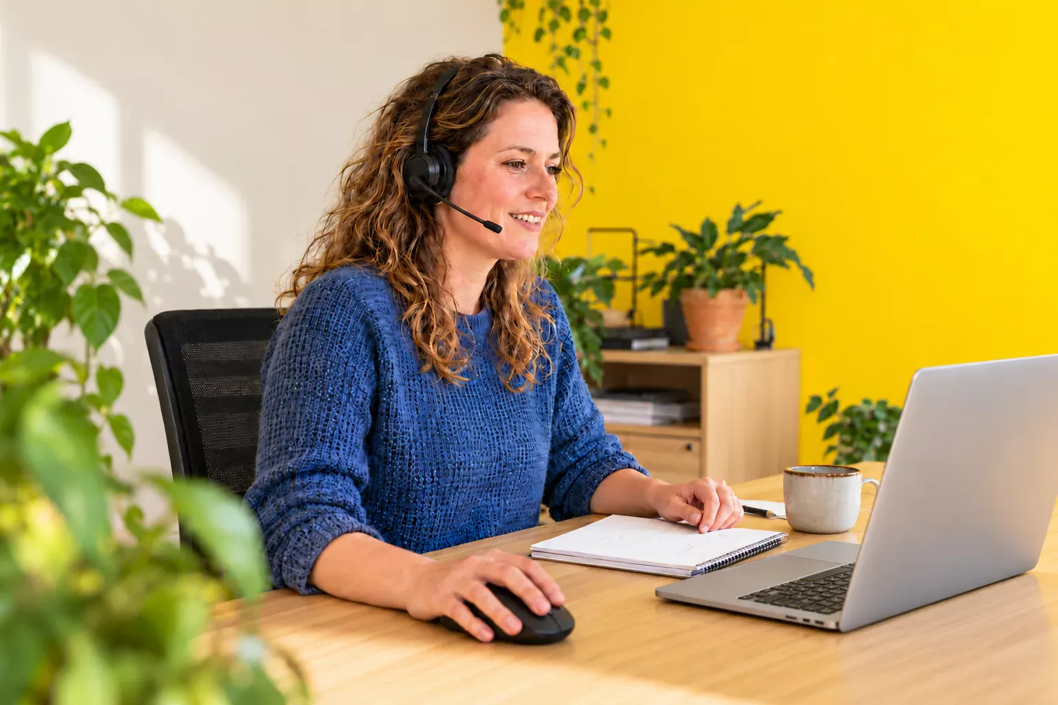 Klantenservicemedewerker met headset en zilveren laptop