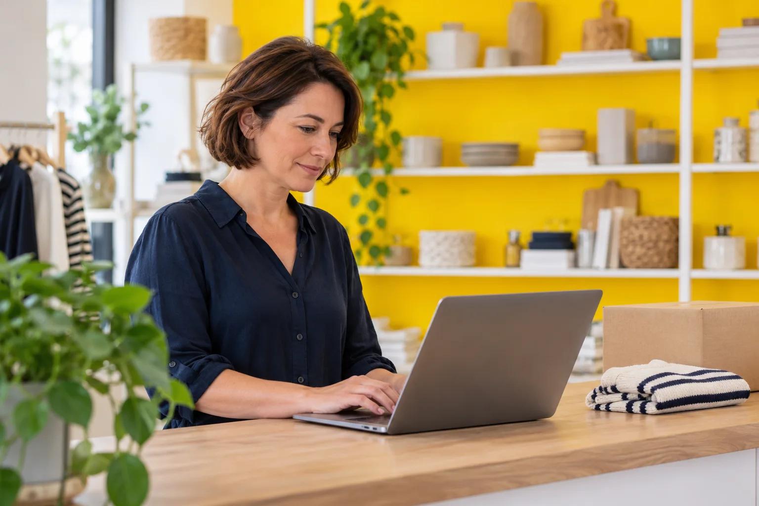 Webshopmedewerker gebruikt een laptop naast producten en een verzenddoos
